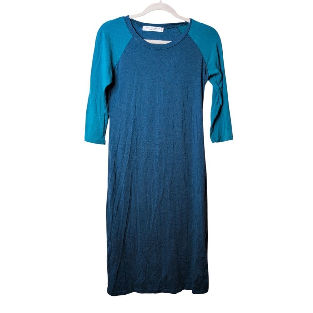 Sonnet James Quincy Play Dress Teal Blue Raglan 3/4 Sleeve Midi XS FLAW